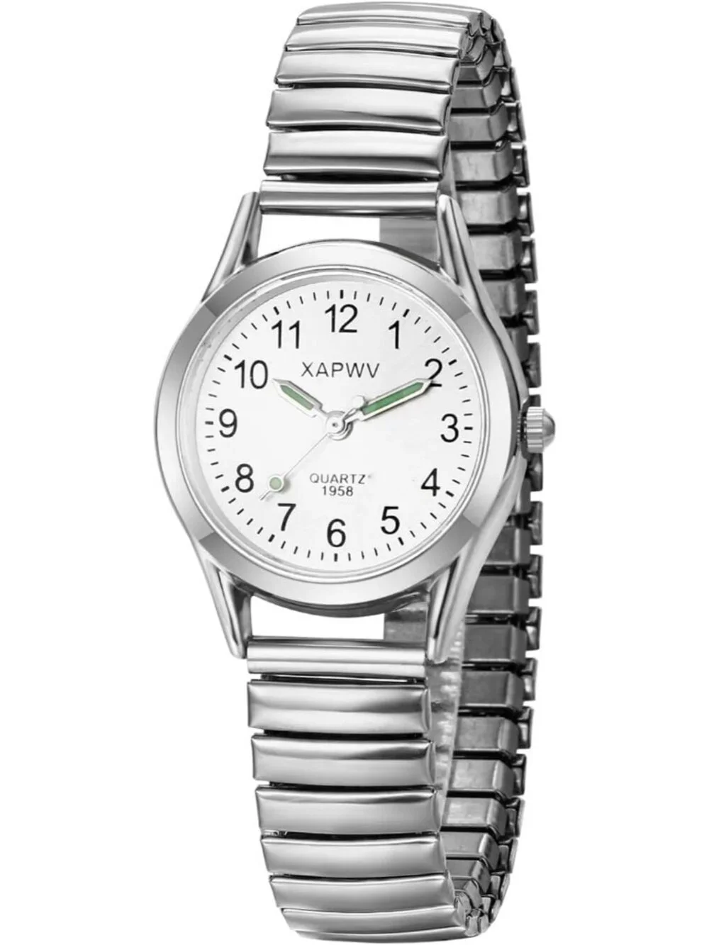 Women's Silver Analog Quartz Luminous Easy Reader Stretch Band Round Wrist Watch